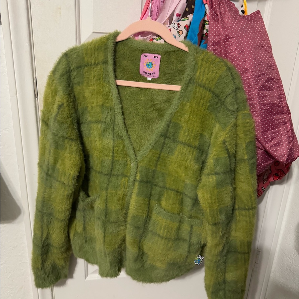 UNIF Green Fuzzy plaid Cardigan